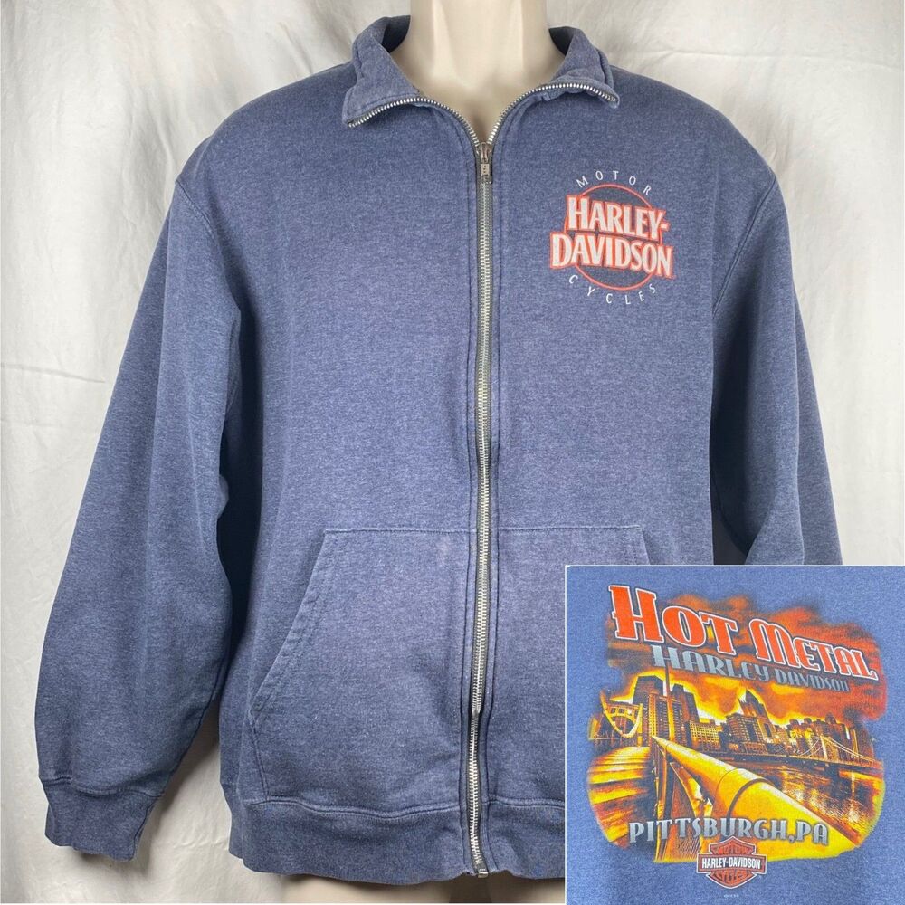 Hot Metal Harley Davidson Zip Up Sweat Shirt Jacket Large Pittsburgh Pa